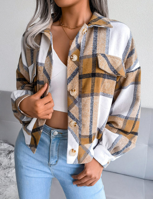 Women's Flannel Plaid Button Down Cropped Jacket (Buy 2 Free Shipping)