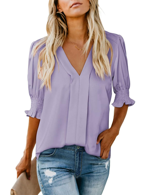 Women's Solid Casual V Neck Puff Sleeve Shirts (Buy 2 Free Shipping)